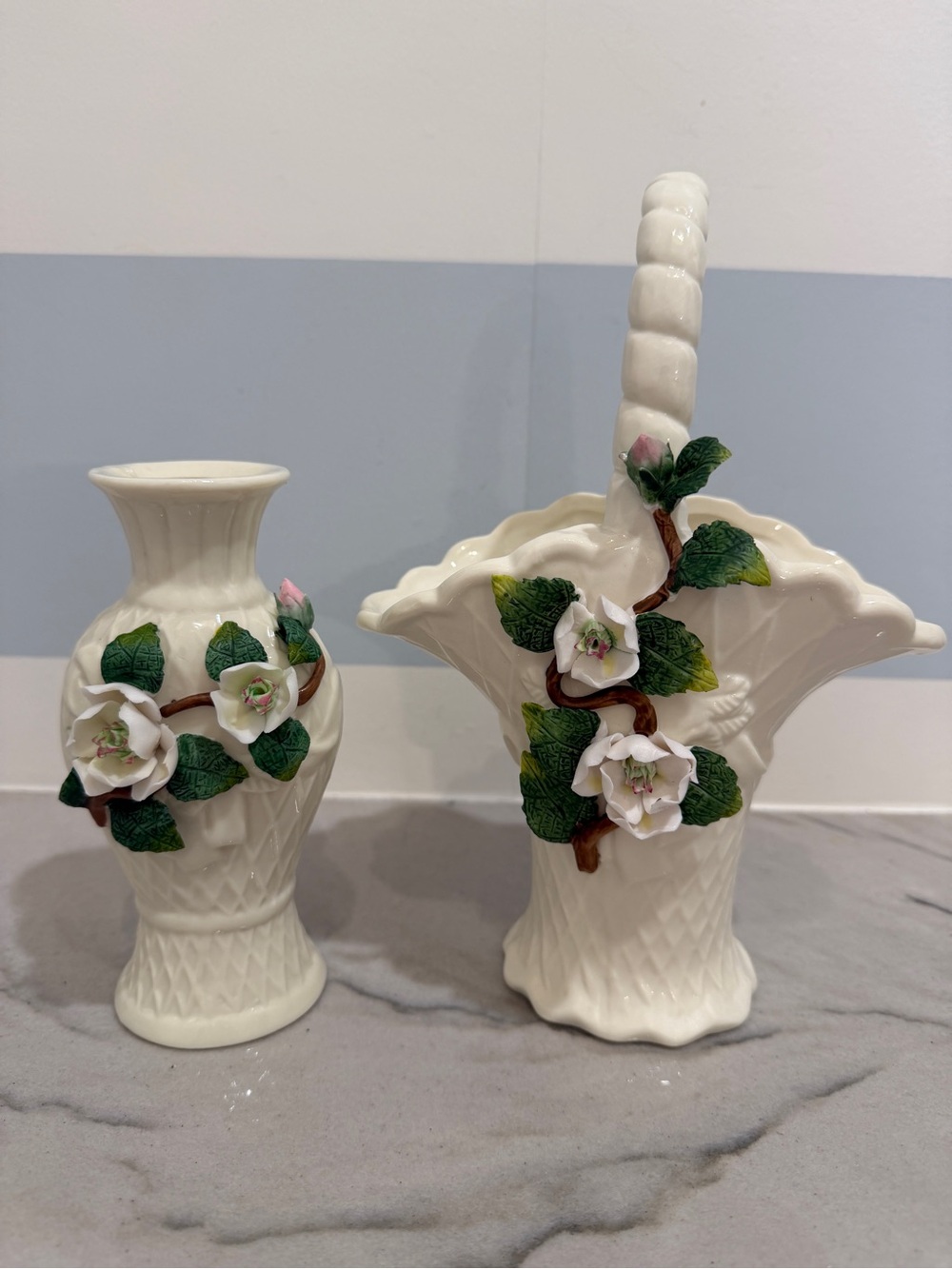 Porcelain White Floral Ceramic Vase and Basket Set